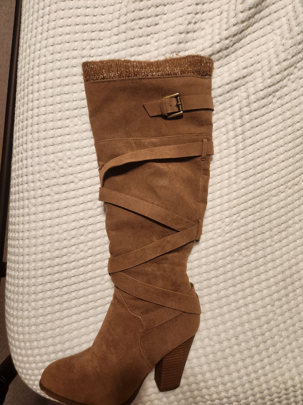 Shoe Dazzle Tan Suede Wrap-Strap Knee-High Heeled Boot